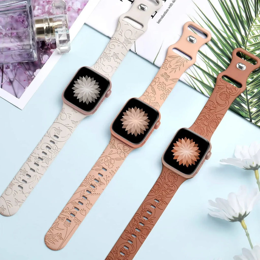 Strap For Apple Watch Band 44mm 42mm 41mm 40mm 45mm 49mm 44 mm Floral Engraved bracelet correa iwatch series 9 7 SE 6 8 Ultra 2