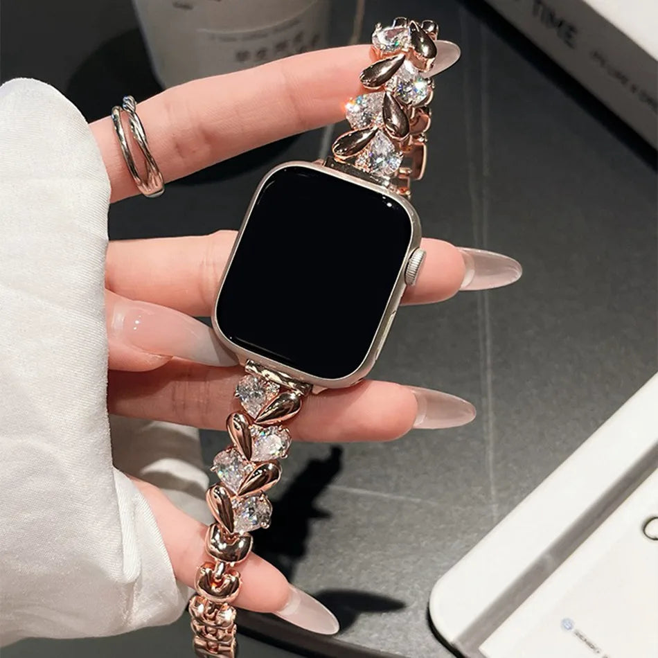 Love Diamond Strap For Apple Watch Series 9 8 7 6 5 SE 4 3 38/40/41/42/44/45mm Luxury Glitter Metal Band For iWatch UItra 2 49mm