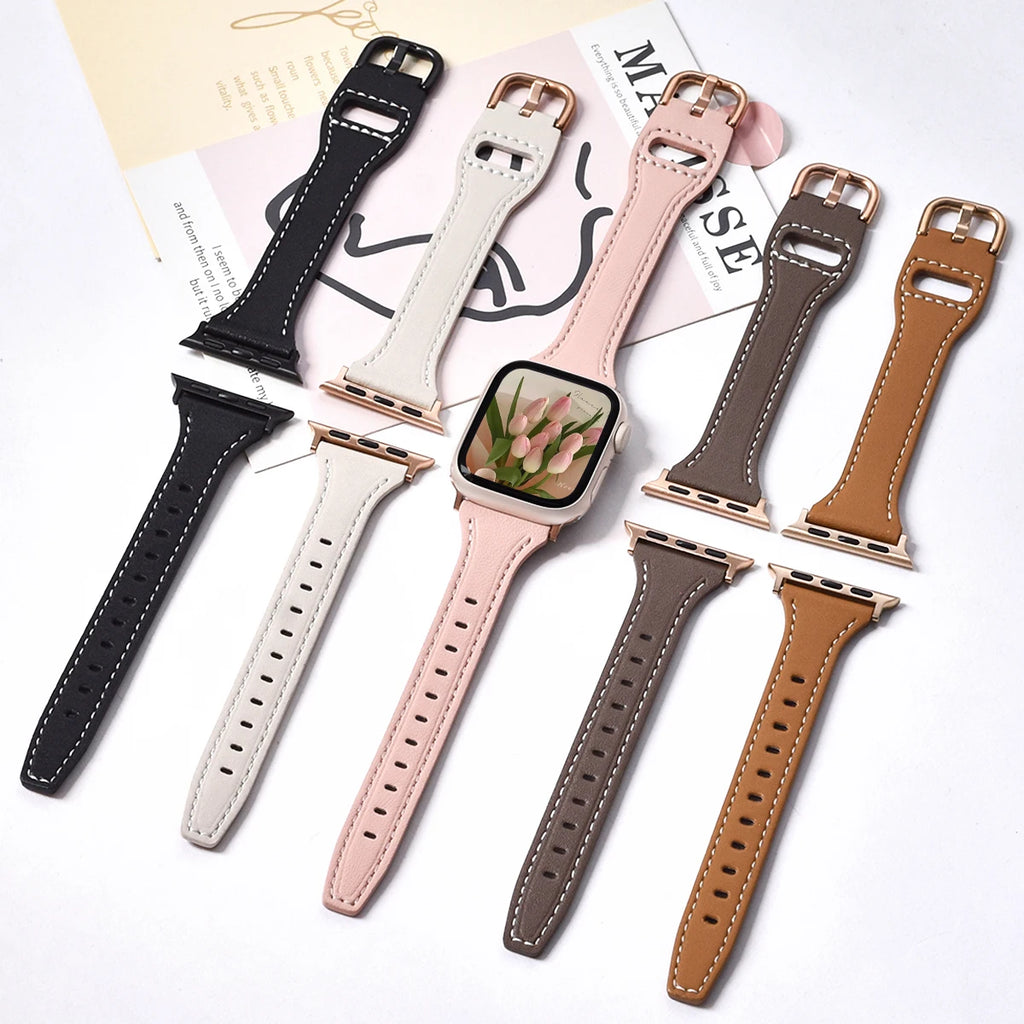 Slim Leather Strap For Apple Watch Band Series 10 42mm 46mm 45mm 41mm 44/40mm 42/38mm 49mm Bracelet For iwatch 9 8 7 SE 6 5 4