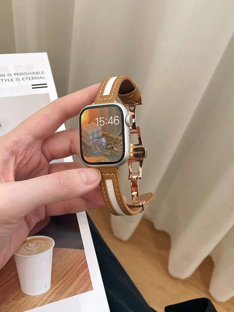 Butterfly Buckle Canvas Leather Strap For Apple Watch 8 7 6 SE 5 4 3 Small Slim Watchband 38mm 40mm 42 44 45 49 41mm For iwatch