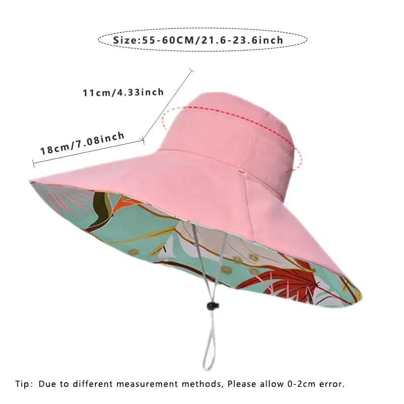 18cm Large Brim Women Sun Hat Luxury Double Sided Wearable Plant Printing Cotton Bucket Cap Light Breathable Summer Top Hat