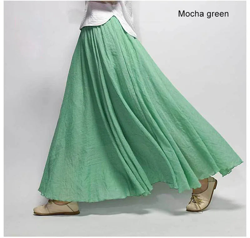 Women's Elegant High Waist Linen Maxi Skirt 2023 Summer Ladies Casual Elastic Waist 2 Layers Skirts saia feminina 20 Colors