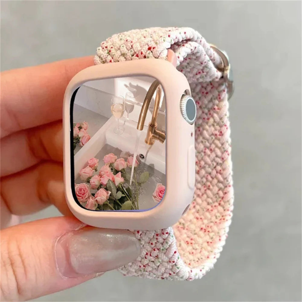 Korean Cute Braied Strap + Case For Apple Watch Band 49mm 41mm 45 44 38 42 Nylon Bracelet For iWatch Series 9 8 7 6 5 4 3 SE 40