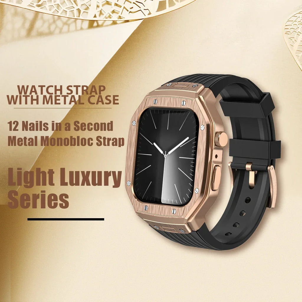 Luxury Alloy Case + TPU Strap for Apple Watch 45mm 44mm Stainless Steel Buckle Band for iWatch 9 8 7 6 5 4 DIY Modification kit