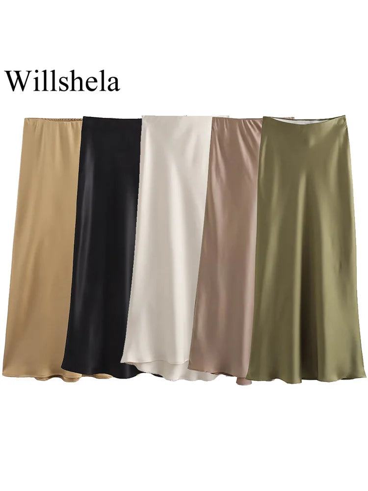 Women Fashion Satin Solid Pleated Midi Skirt Vintage Mid Elastic Waist Female Chic Lady Skirts