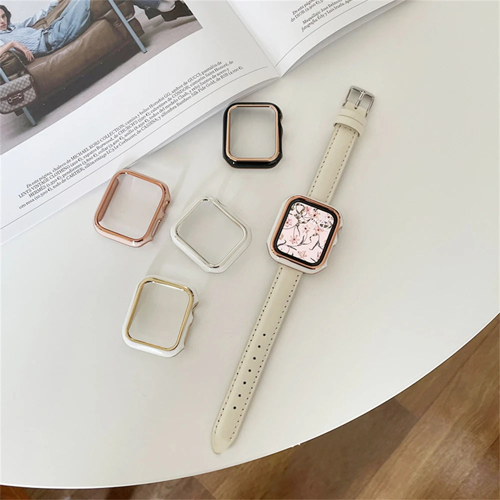 Metal Frame Hard Case Cover For Apple Watch Band 41mm 45mm 42mm 38mm 40mm 44mm For iWatch 8 7se 6 5 4 3 21 Women Protective Case