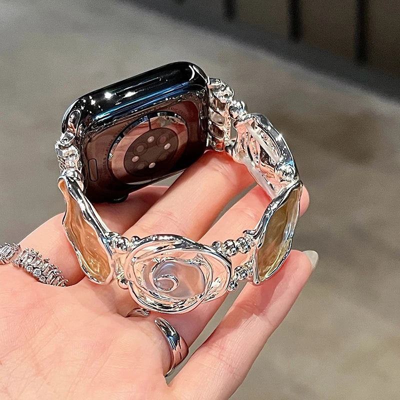 Korean Silver 3D Rose Floral Metal Strap For iWatch Series 9 8 7 6 5 Girls Watch Band For Apple Watch 38 40 41 42 44 45 49 MM