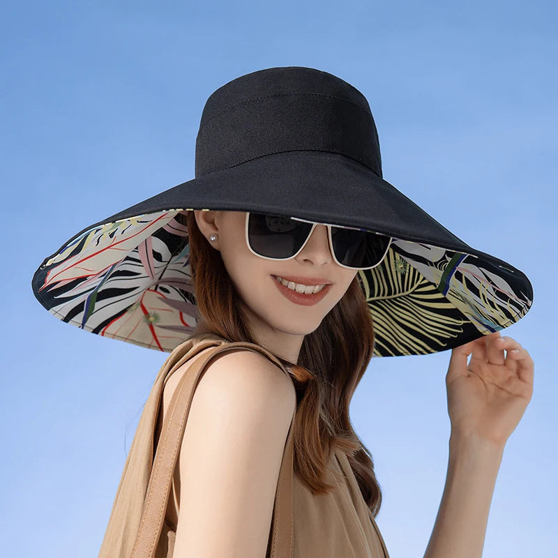 18cm Large Brim Women Sun Hat Luxury Double Sided Wearable Plant Printing Cotton Bucket Cap Light Breathable Summer Top Hat