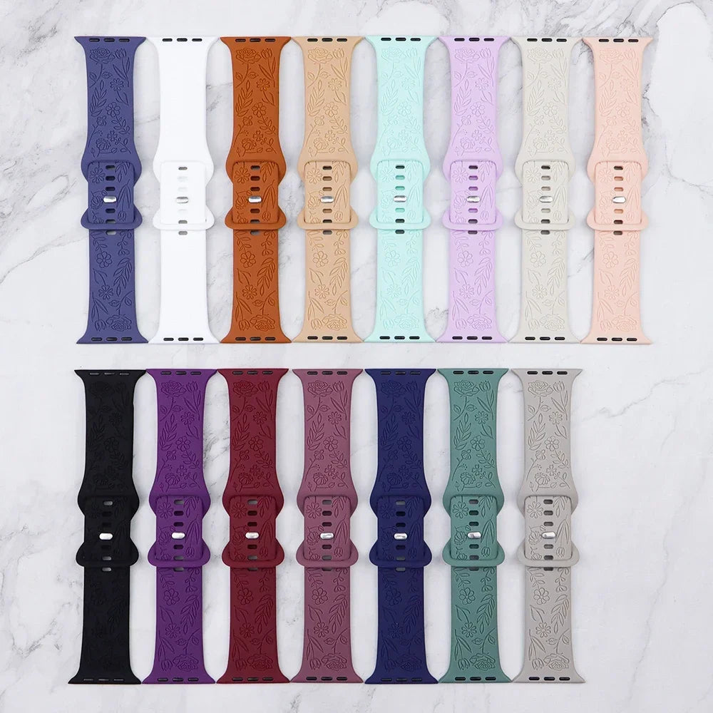 Engraved Floral Silicone Strap for Apple Watch Ultra 2 Band 49mm 45mm 40mm 41mm Bracelet Fashion IWatch Series 9 8/7/6/5/4/3/se