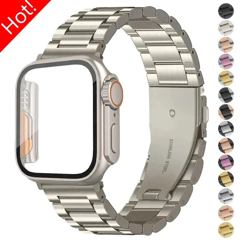 Stainless Steel Strap+Ultra Case for Apple Watch Band 44mm 45mm 41mm 40mm 42mm Case Metal Strap for Iwatch Series 9 8 7 6 SE 5 4