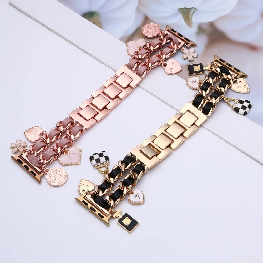 Women Metal+leather Strap for Apple Watch 9 8 7 41mm 45mm Cute Bracelet for Iwatch Series 6 5 4 Se 3 2 44mm 40mm 38mm 42mm Band