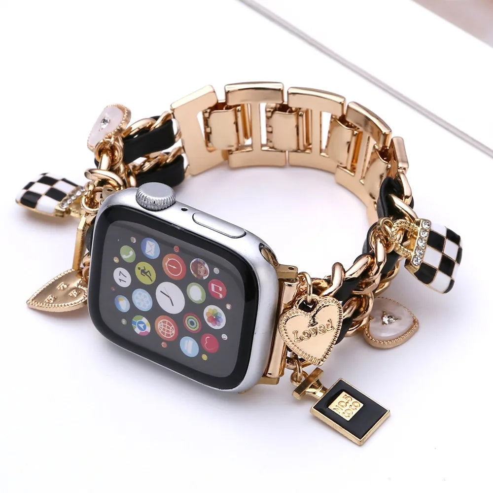 Women Metal+leather Strap for Apple Watch 9 8 7 41mm 45mm Cute Bracelet for Iwatch Series 6 5 4 Se 3 2 44mm 40mm 38mm 42mm Band