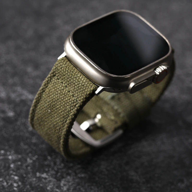 Double Canvas For Apple Watch Ultra Strap 49MM 45MM 44MM Thickened Green Black Men Rugged Style Bracelet