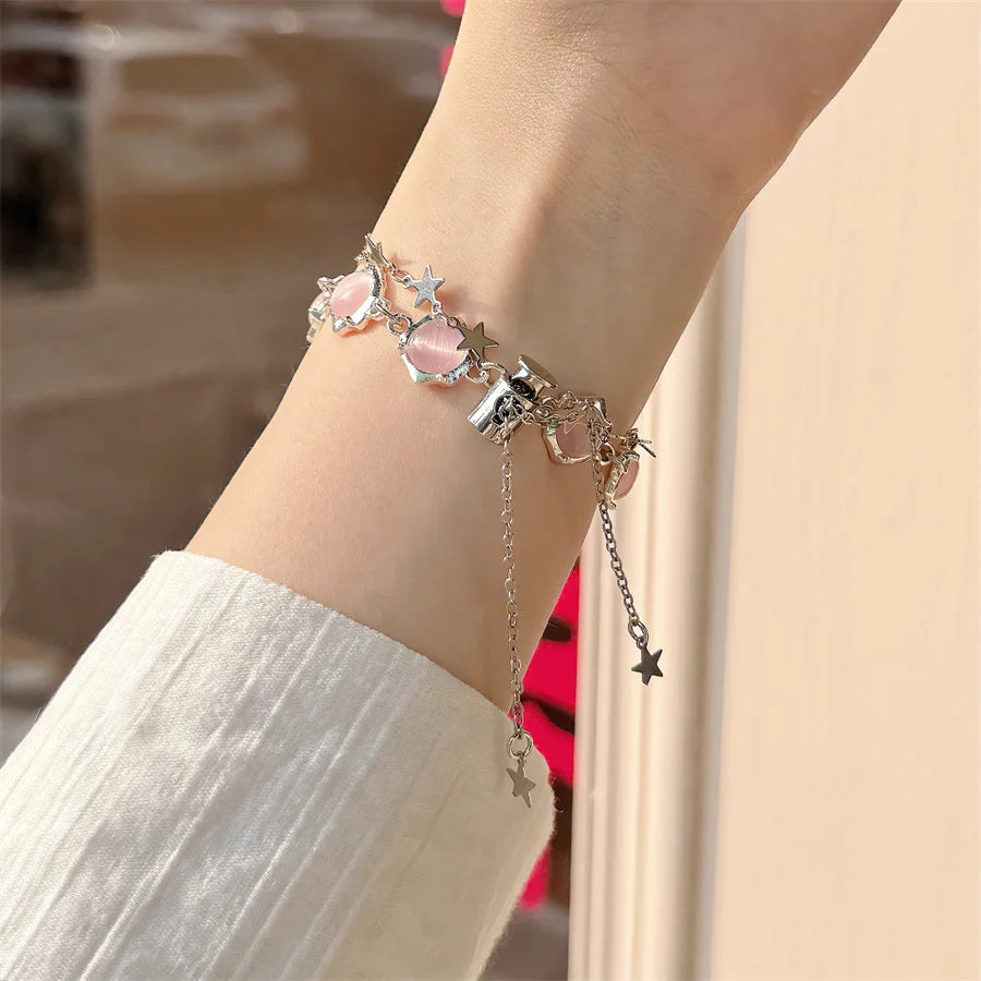 Pink Cat's Eye Stone Bracelet Beaded Strap Compatible with Apple Watch Series 9 8 7 6 5 4 3 2 1, Cute Women Handmade Beaded Strap