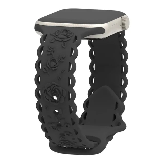 Engraved Floral Strap for Apple Watch Ultra2 49mm 45 44 42 41 40mm 38mm Silicone Band for IWatch Series 9/8/7/6/5/4/3/2/SE Ultra