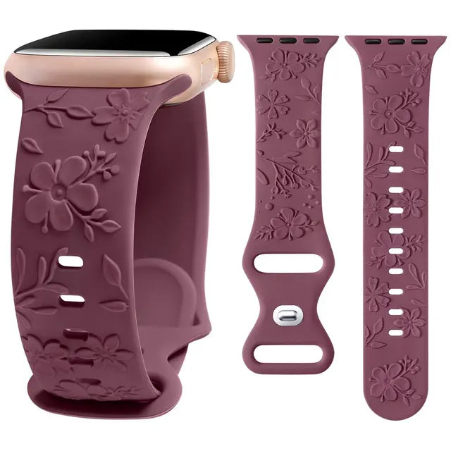 Embossed Floral Band for Apple Watch 41mm 40mm 38mm Cherry Blossoms Women Silicone Strap for iWatch 9/8/7/SE/6/5/4/3/2