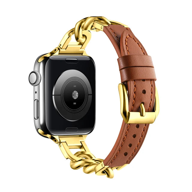 Luxury Leather Band For Apple Watch Ultra 9 8 49mm 45mm 44mm 42 41 40 38mm Stainless Steel Bracelet Strap For iWatch 7 6 5 4 Se