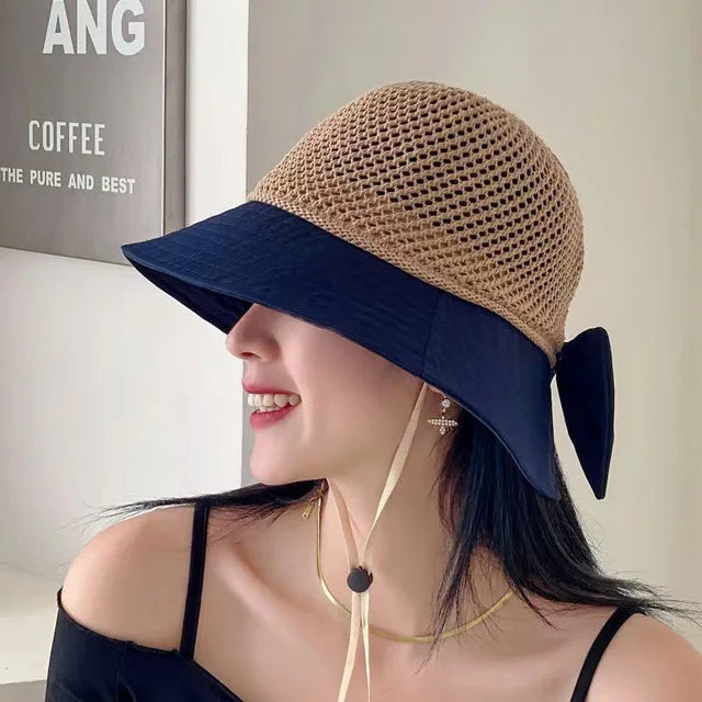 Outdoor UV Protection Sun Hat Summer Women's Bucket Foldable Basin Sunscreen Cap Bow Hollow Stitching Panama Hats Fisherman