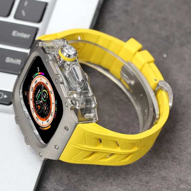 Titanium Modification Kit For Apple Watch Band Ultra 2 49mm 44mm 45mm Metal Case For Iwatch Series 9 8 7 6 5 4 Rubber Strap