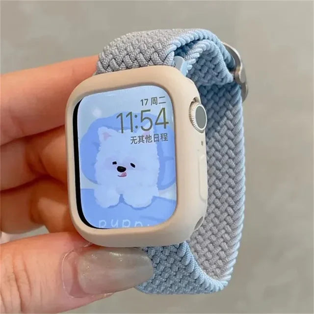 Cute Braied Strap + Case For Apple Watch Band 49mm 41mm 45 44 38 42 Nylon Bracelet For iWatch Series 9 8 7 6 5 4 3 SE 40