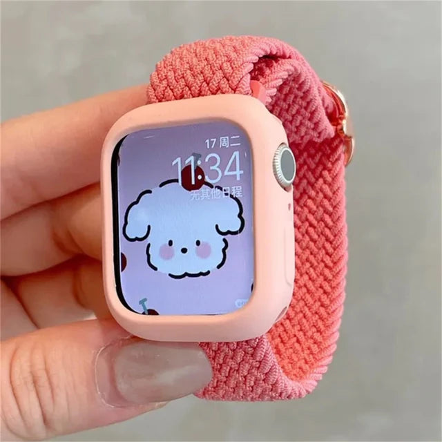 Korean Cute Braied Strap + Case For Apple Watch Band 49mm 41mm 45 44 38 42 Nylon Bracelet For iWatch Series 9 8 7 6 5 4 3 SE 40