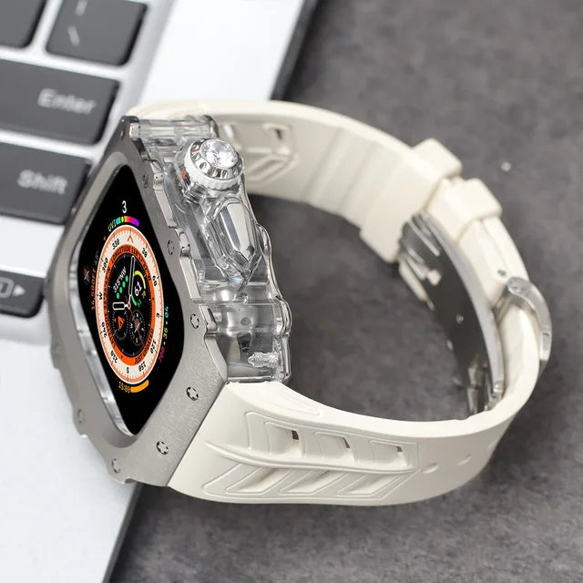 Titanium Modification Kit For Apple Watch Band Ultra 2 49mm 44mm 45mm Metal Case For Iwatch Series 9 8 7 6 5 4 Rubber Strap