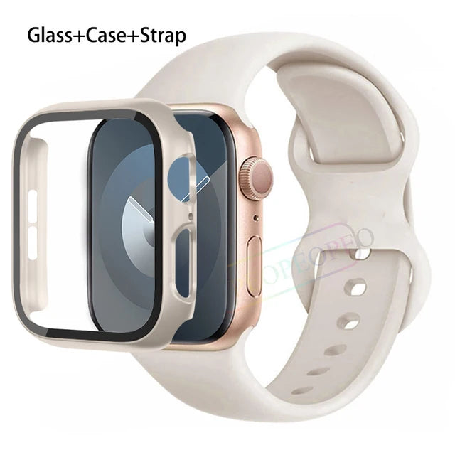 Glass+Case+Strap For Apple Watch band 44mm 41mm 45mm 40mm 38mm 42mm Silicone bracelet iWatch series 9 8 3 4 5 6 se 7 watchbands