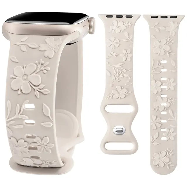 Embossed Floral Band for Apple Watch 41mm 40mm 38mm Cherry Blossoms Women Silicone Strap for iWatch 9/8/7/SE/6/5/4/3/2