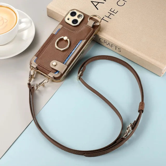 For IPhone 16 15 14 Plus 13 12 11 Pro Max Plating Phone Case Wrist Strap Ring Long Lanyard & Short Hand Rope PU Leather Cover