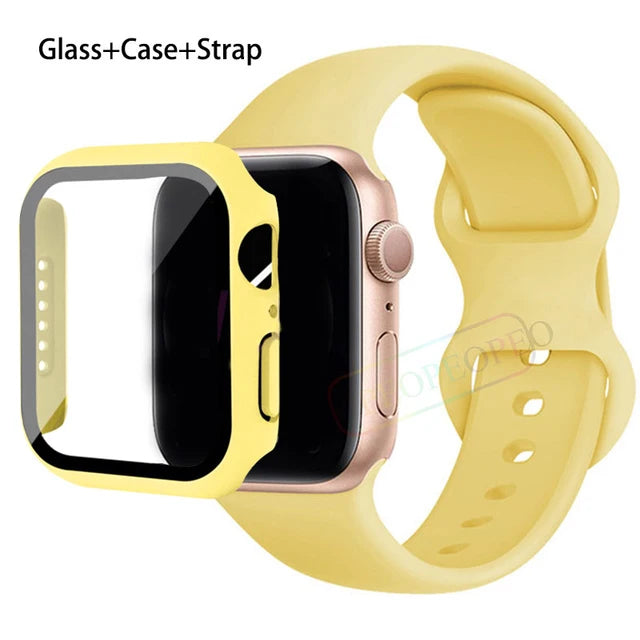 Glass+Case+Strap For Apple Watch band 44mm 41mm 45mm 40mm 38mm 42mm Silicone bracelet iWatch series 9 8 3 4 5 6 se 7 watchbands