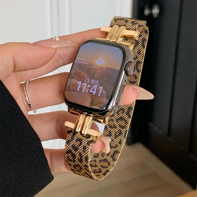 Leopard Print Women Band For iWatch 38 42 41mm For Apple Watch Strap Series 8 Ultra SE 7 6 5 40 44 45mm Stainless Steel Bracelet