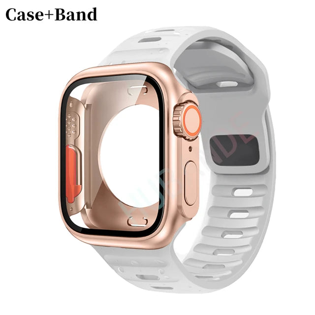 Silicone strap+case For Apple Watch Case 44mm 45mm 41mm 40mm Screen protectores Change to Ultra For iWatch Series 8 7 SE 6 5 3