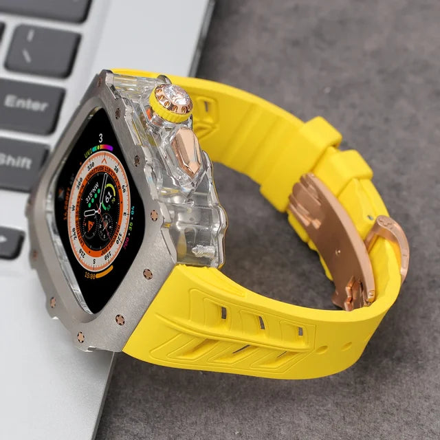 Titanium Modification Kit For Apple Watch Band Ultra 2 49mm 44mm 45mm Metal Case For Iwatch Series 9 8 7 6 5 4 Rubber Strap