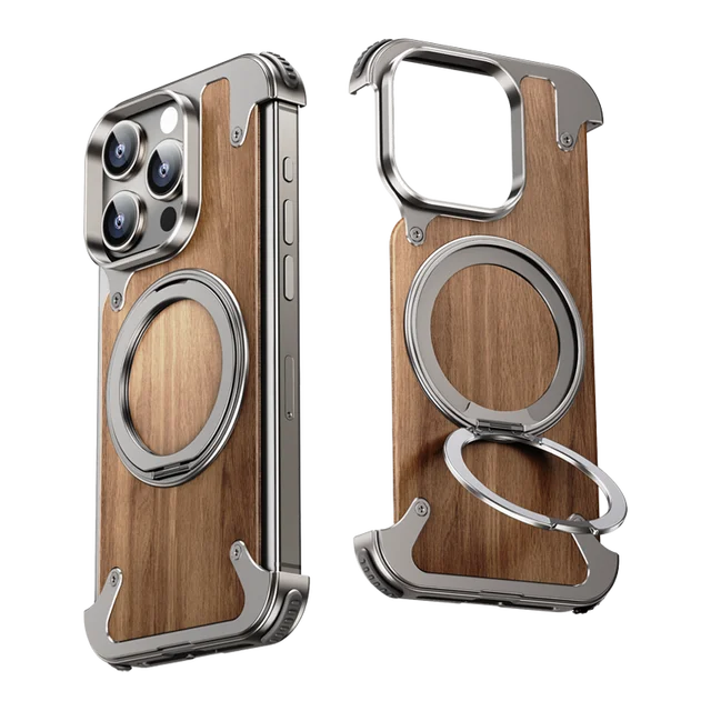 For iPhone 16 15 14 Pro Max Case 360°Rotating Magnetic Magsafe Car Phone Holder Walnut Wood Metal framework Protective cover