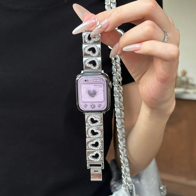 Luxury Bling Diamonds Love Heart Metal Band For Apple Watch Strap 8 49 9 7 SE 6 For iWatch 45 42 44 40 MM Women Wrist Bracelet