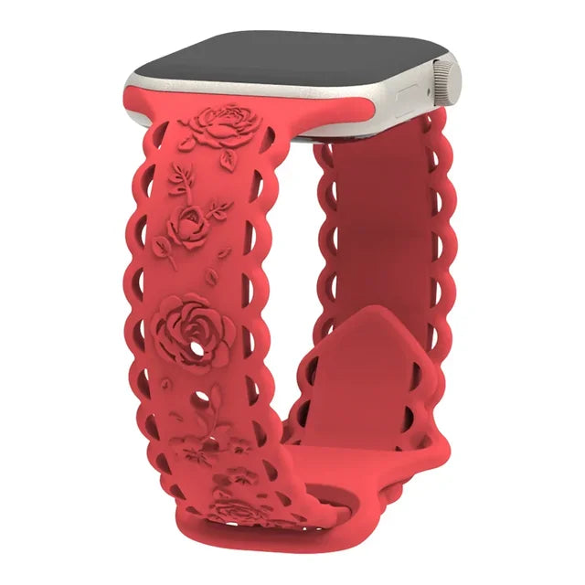 Engraved Floral Strap for Apple Watch Ultra2 49mm 45 44 42 41 40mm 38mm Silicone Band for IWatch Series 9/8/7/6/5/4/3/2/SE Ultra