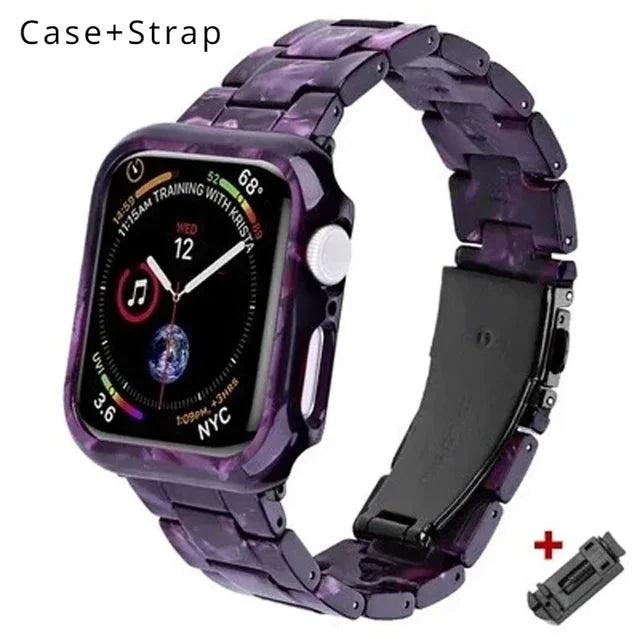 Resin Band for Apple Watch Series 9 8 7 41 45mm Cover Transparent Bracelet for iWatch 6 5 4 se 42mm 44 38 40mm Woman Case+Strap