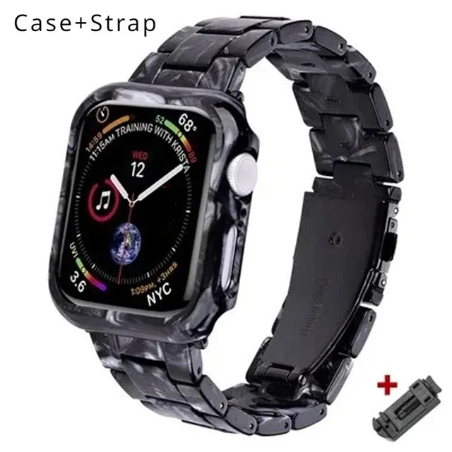 Resin Band for Apple Watch Series 9 8 7 41 45mm Cover Transparent Bracelet for iWatch 6 5 4 se 42mm 44 38 40mm Woman Case+Strap