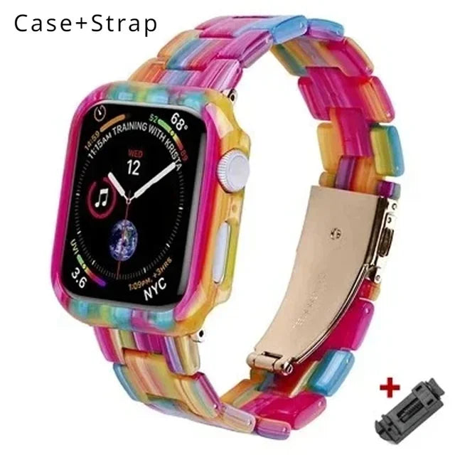 Resin Band for Apple Watch Series 9 8 7 41 45mm Cover Transparent Bracelet for iWatch 6 5 4 se 42mm 44 38 40mm Woman Case+Strap