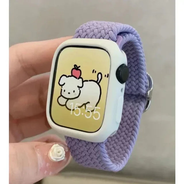 Cute Braied Strap + Case For Apple Watch Band 49mm 41mm 45 44 38 42 Nylon Bracelet For iWatch Series 9 8 7 6 5 4 3 SE 40