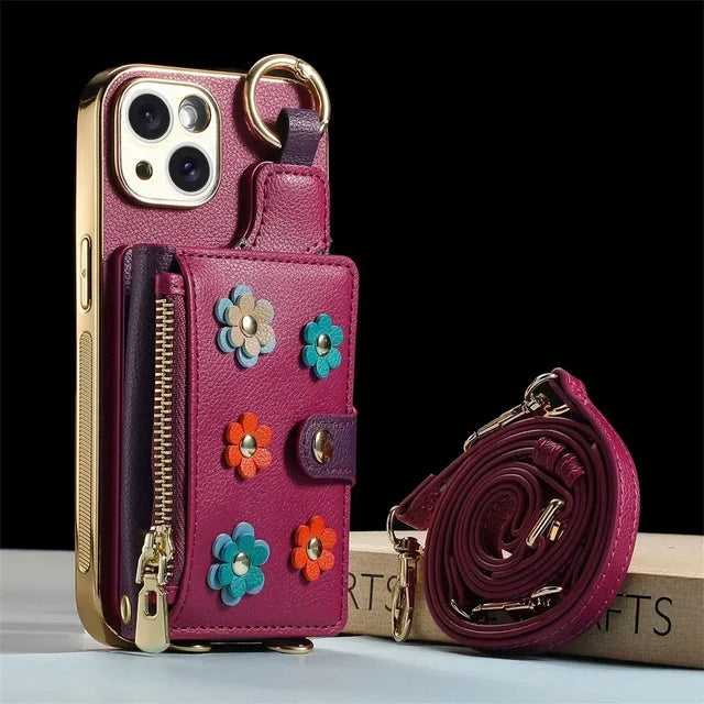 Zipper Leather Wallet Case for iPhone 16 15 Promax 13 11 12 Plus 14 Pro Max Iphone15 Pocket Ring Bracket Lanyard Phone Cover