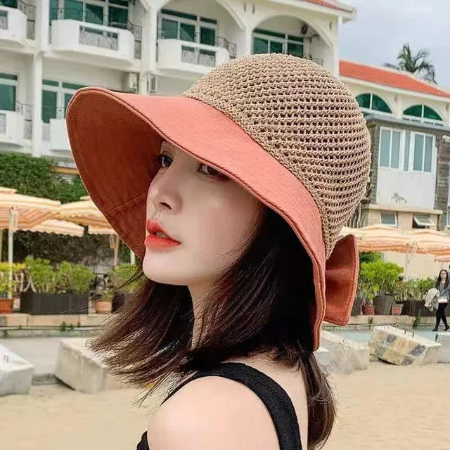 Outdoor UV Protection Sun Hat Summer Women's Bucket Foldable Basin Sunscreen Cap Bow Hollow Stitching Panama Hats Fisherman