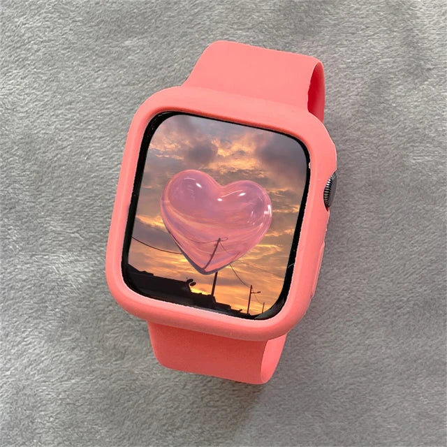 Korean Cute Sport Silicone Band + Case For Apple Watch 9 8 7 6 SE 5 4 3 2 Women Strap For iWatch Strap 41 45 38mm 40mm 44 42 49