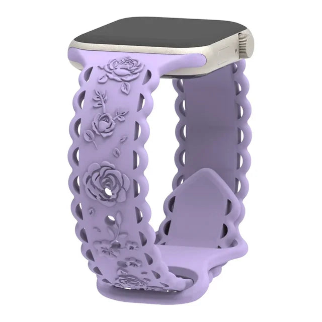 Engraved Floral Strap for Apple Watch Ultra2 49mm 45 44 42 41 40mm 38mm Silicone Band for IWatch Series 9/8/7/6/5/4/3/2/SE Ultra