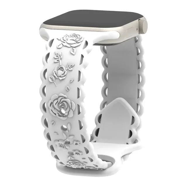 Engraved Floral Strap for Apple Watch Ultra2 49mm 45 44 42 41 40mm 38mm Silicone Band for IWatch Series 9/8/7/6/5/4/3/2/SE Ultra