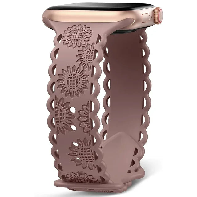 Engraved Floral Strap for Apple Watch Ultra2 49mm 45 44 42 41 40mm 38mm Silicone Band for IWatch Series 9/8/7/6/5/4/3/2/SE Ultra