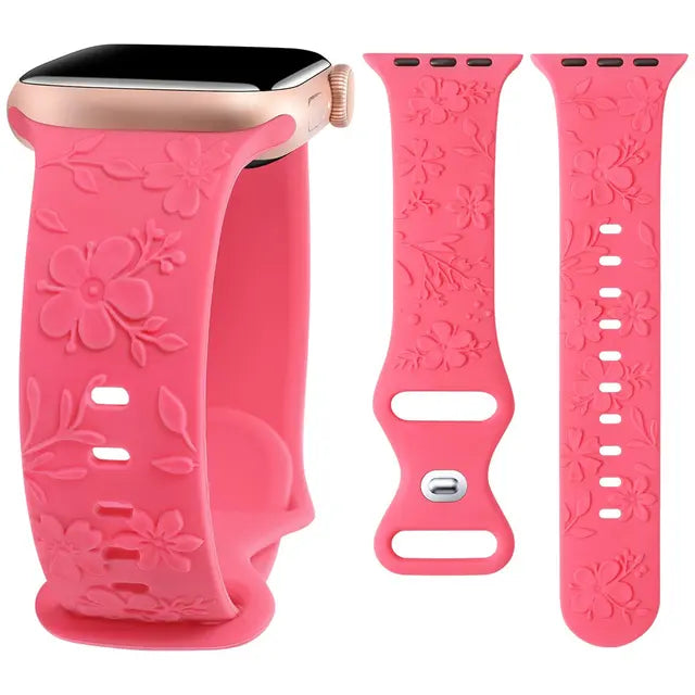 Embossed Floral Band for Apple Watch 41mm 40mm 38mm Cherry Blossoms Women Silicone Strap for iWatch 9/8/7/SE/6/5/4/3/2