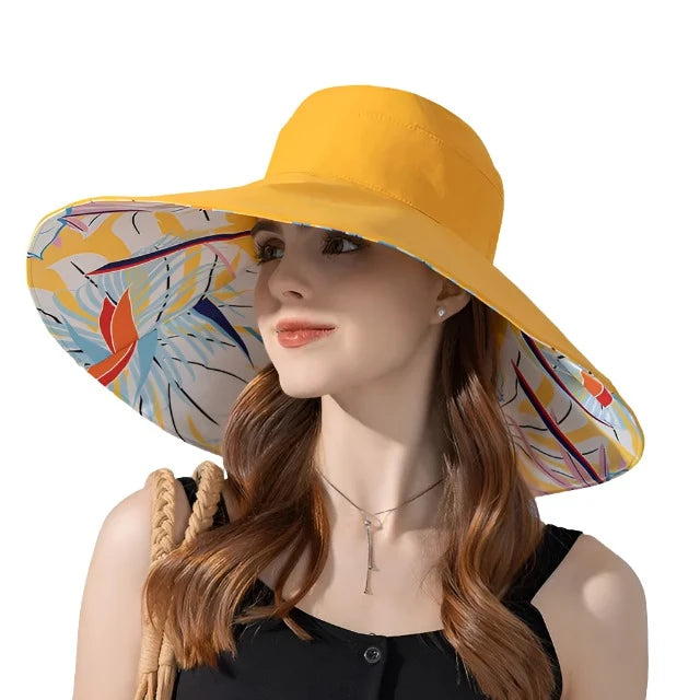 18cm Large Brim Women Sun Hat Luxury Double Sided Wearable Plant Printing Cotton Bucket Cap Light Breathable Summer Top Hat