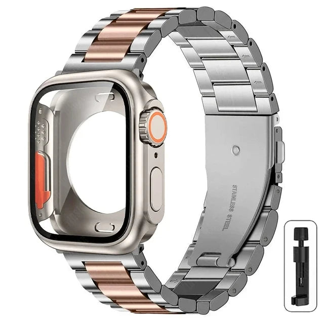 Stainless Steel Strap+Ultra Case for Apple Watch Band 44mm 45mm 41mm 40mm 42mm Case Metal Strap for Iwatch Series 9 8 7 6 SE 5 4