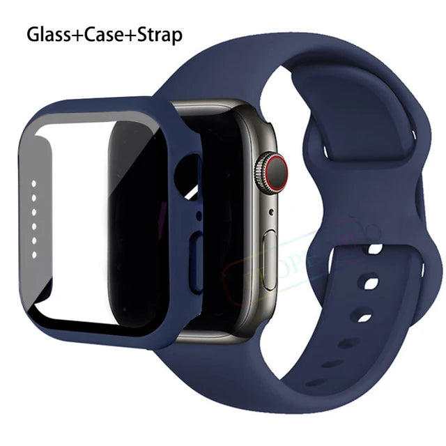 Glass+Case+Strap For Apple Watch band 44mm 41mm 45mm 40mm 38mm 42mm Silicone bracelet iWatch series 9 8 3 4 5 6 se 7 watchbands